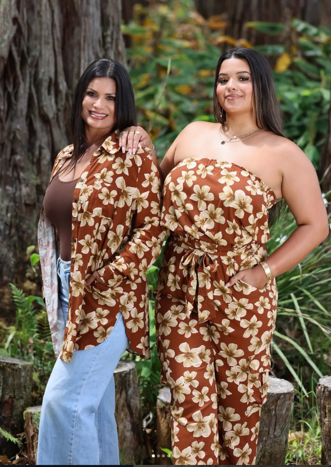 Marcel Rodrigues, founder of Wehi's Boutique, with her daughter Ani, in a Hāmākua redwood grove, both in Wehi original prints.